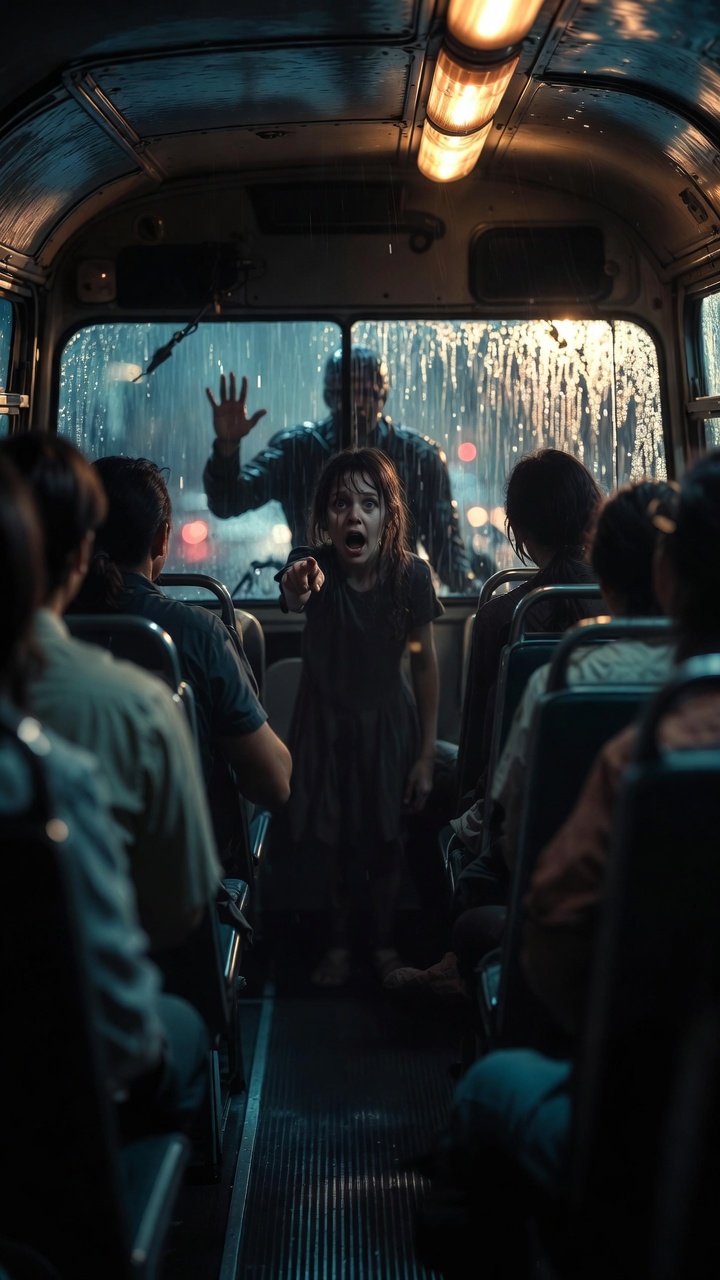 "The Biker Stopped My Bus in the Rain, and Everyone Thought He Was the Monster — Until the Little Girl Pointed at the Window and Revealed Who Had Been Following Us All Along"