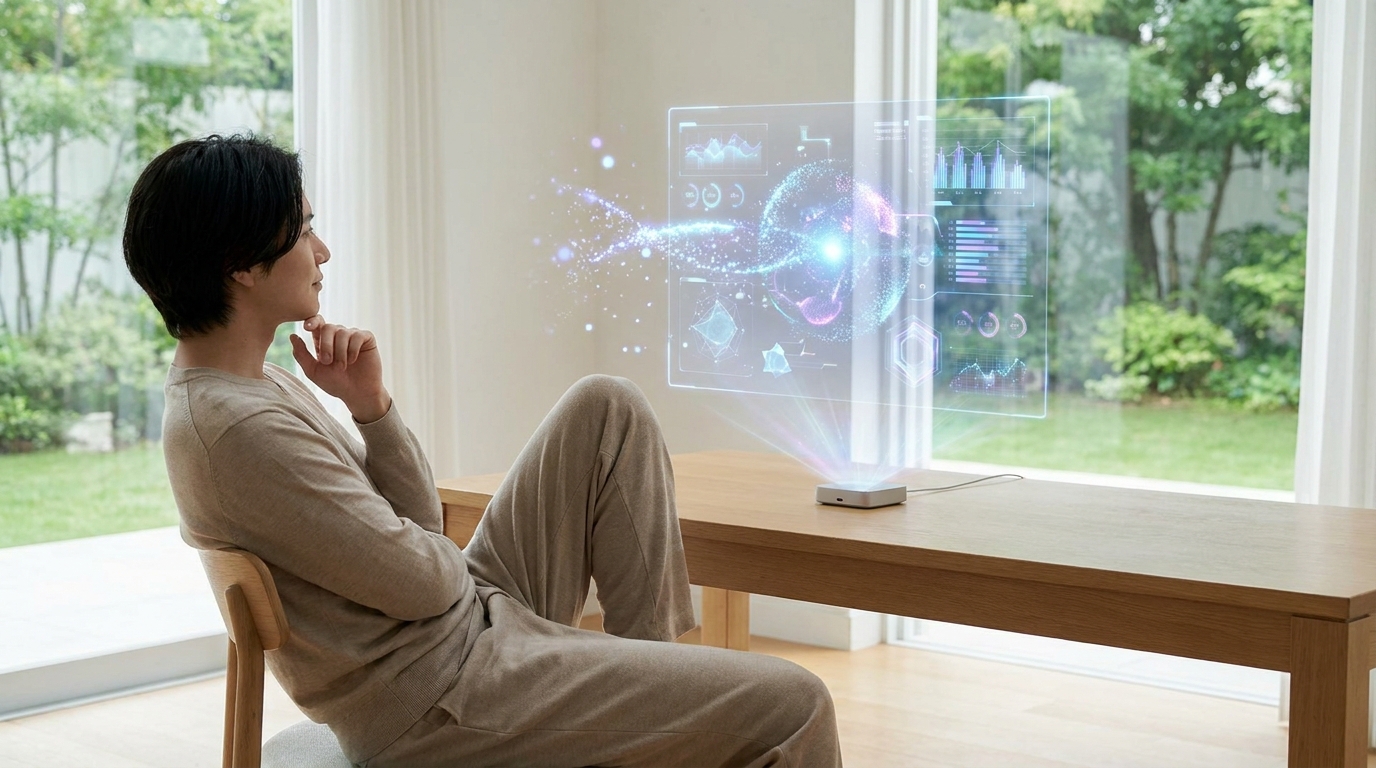 A creator looking at a holographic browser interface, symbolizing the new way users interact with AI browser agents.