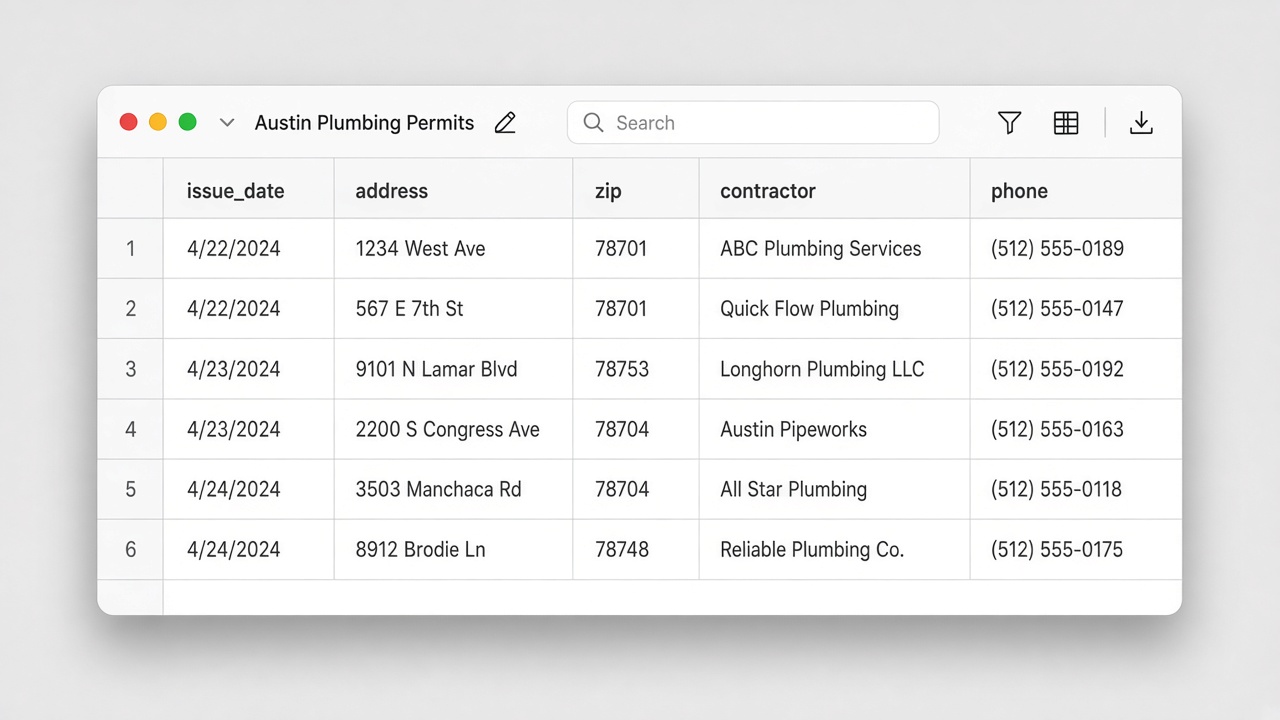 Spreadsheet mockup of Austin plumbing permit leads