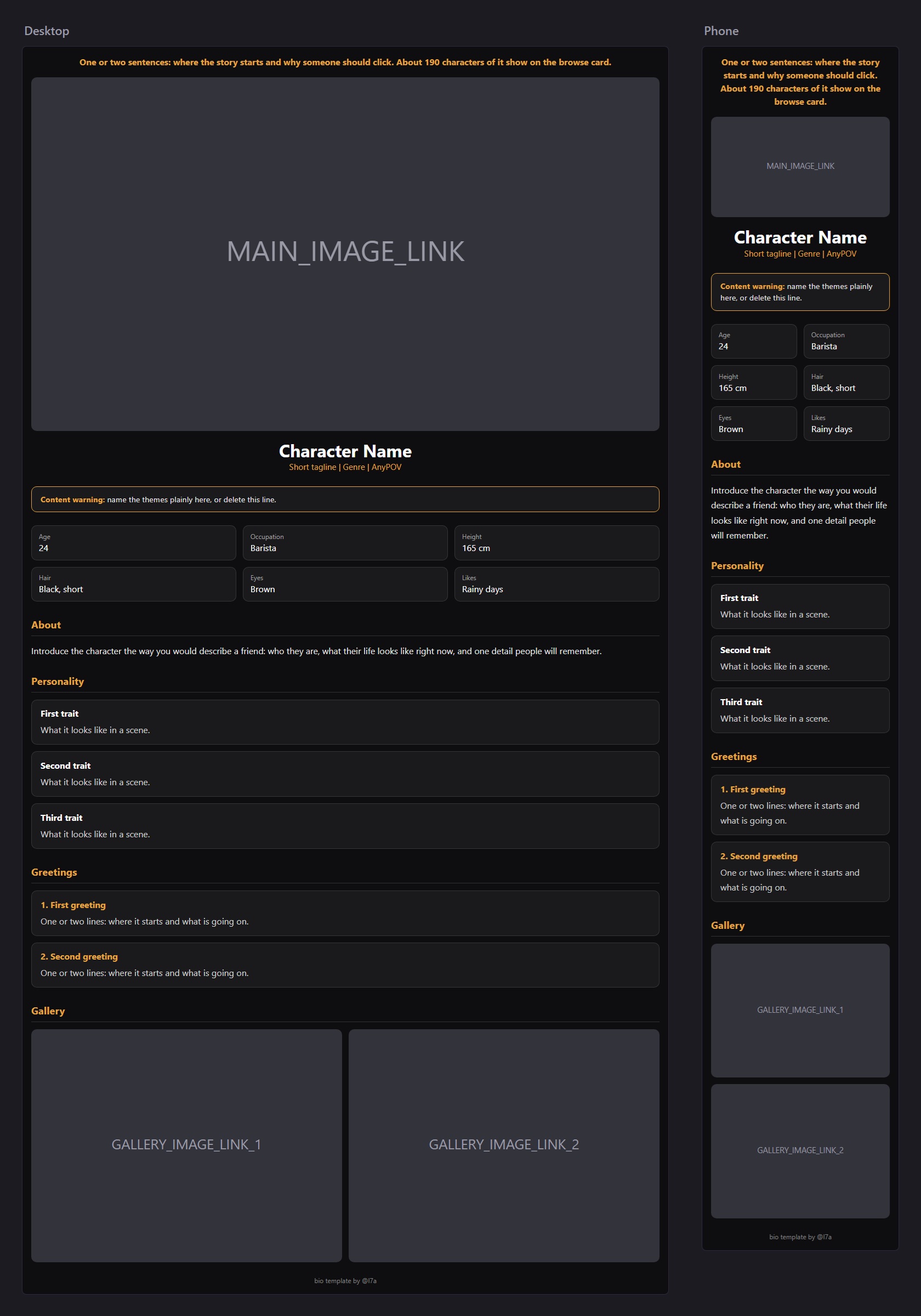 The starter template as pasted, on desktop and on a phone. Grey boxes mark where your images go. The starter template as pasted, on desktop and on a phone. Grey boxes mark where your images go.