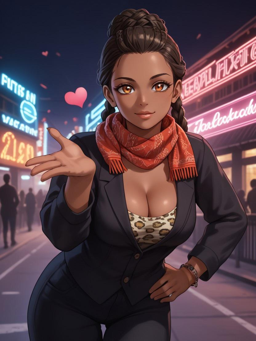 Haruka is wearing a tailored suit, leopard-print crop top, heels and an Afrocentric scarf