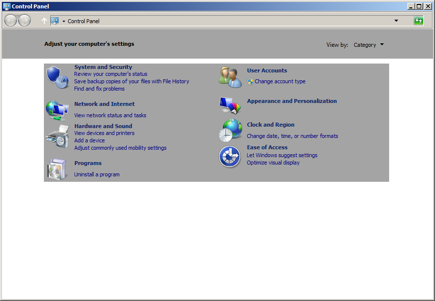 Screenshot of Control Panel with Windows Classic theme applied, there are gray areas at the top and middle, where there are text.