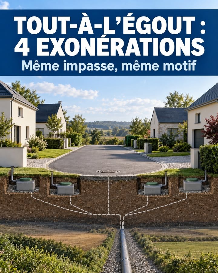 Vue en coupe d'un quartier résidentiel montrant des boîtes d'évacuation sous chaque maison reliées par des canalisations à un collecteur principal.