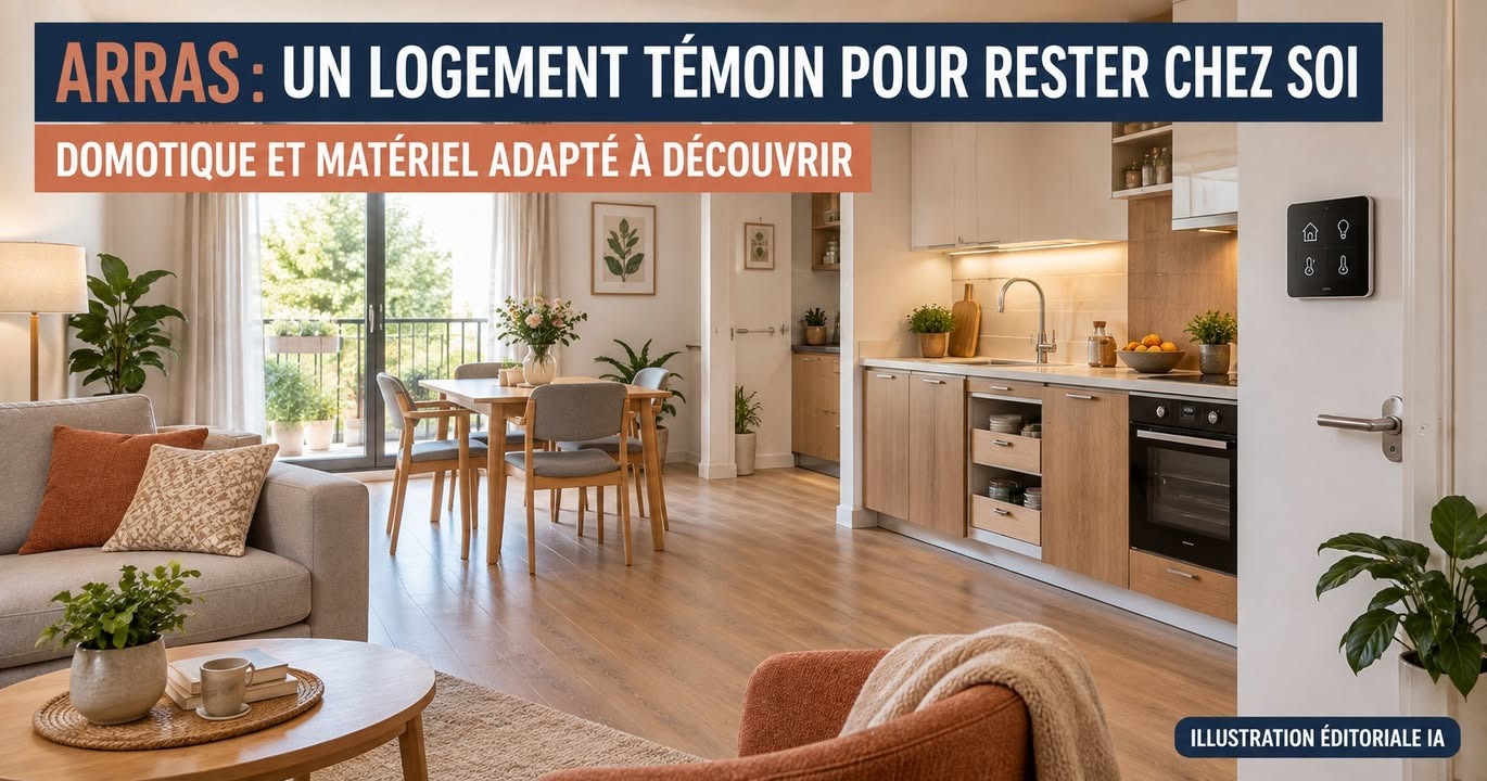 Intérieur lumineux d'un appartement avec salon, table à manger et cuisine moderne, doté d'une borne domotique murale.
