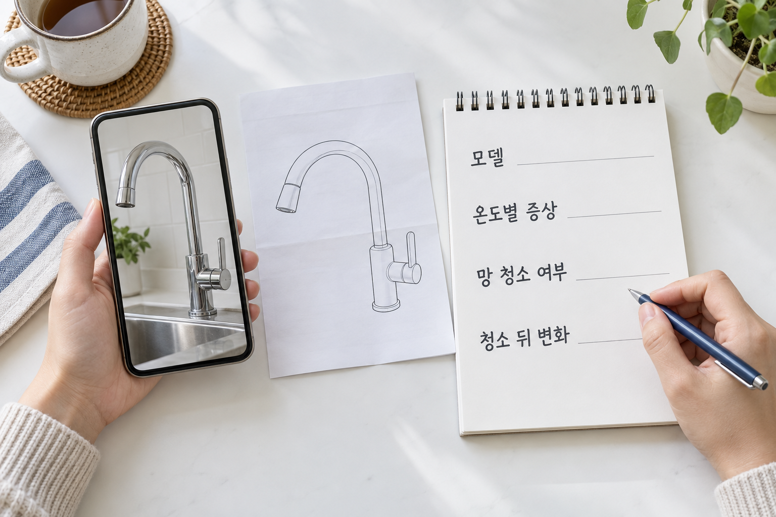 수전 모델과 온도별 증상, 청소 전후 변화를 정리해 점검 견적을 준비하는 설명 장면