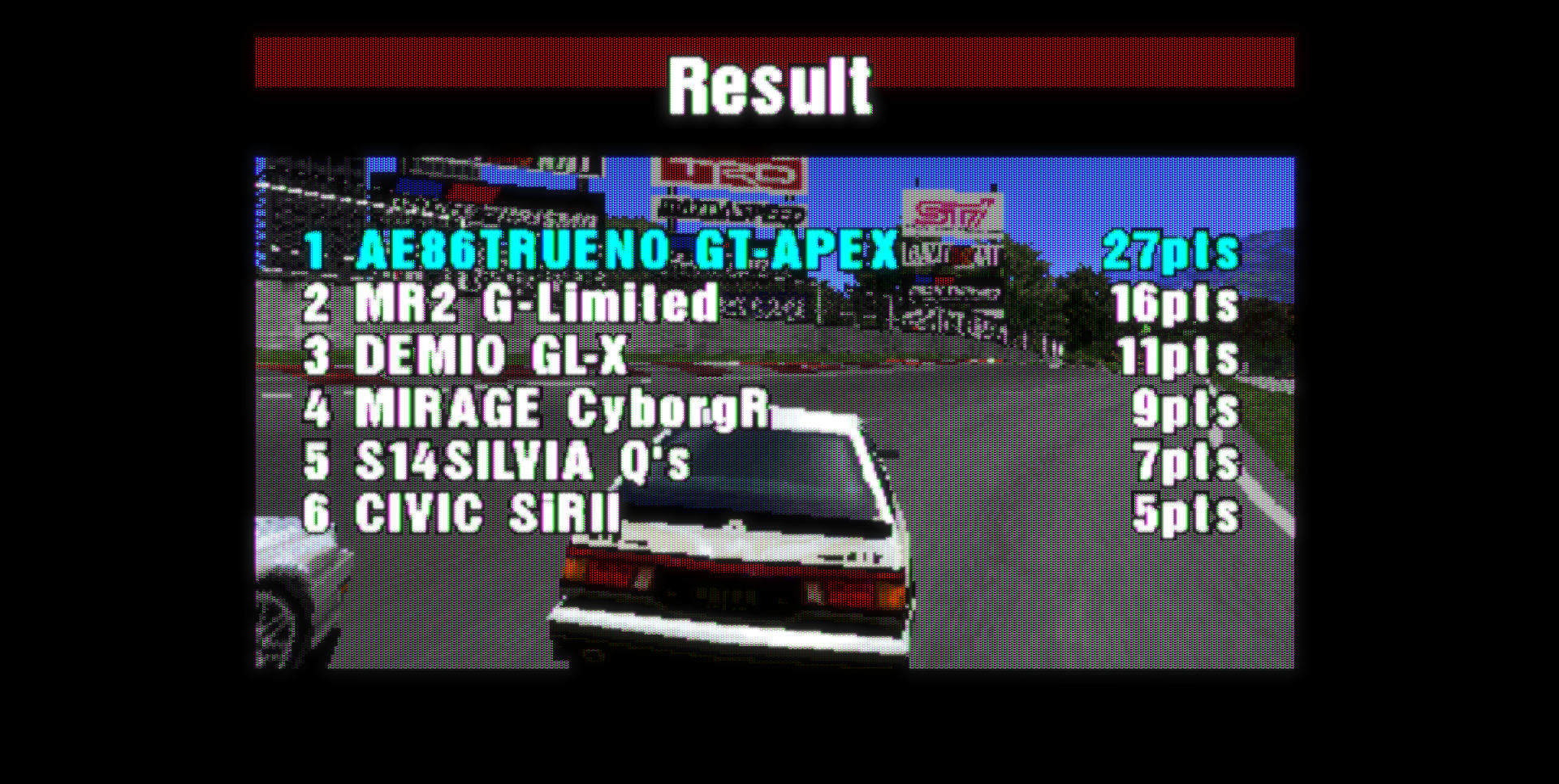 Championship results: 1) Toyota Sprinter Trueno (27) 2) Toyota MR2 (16) 3) Mazda Demio (11) 4) Mitsubishi Mirage (9) 5) Nissan Silvia (7) 6) Honda Civic (5)