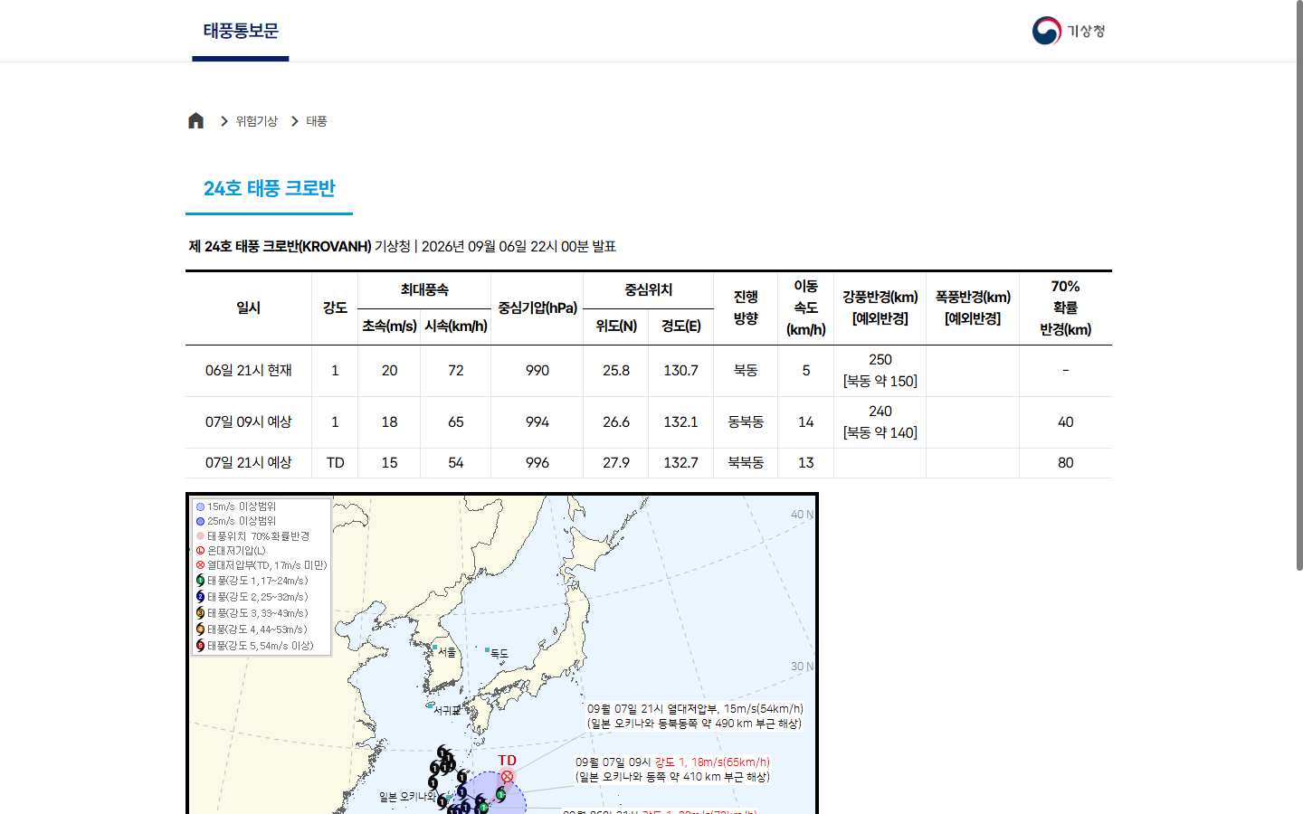 발표 시각과 다음 정보 발표 예정 안내를 확인할 기상청 태풍통보문