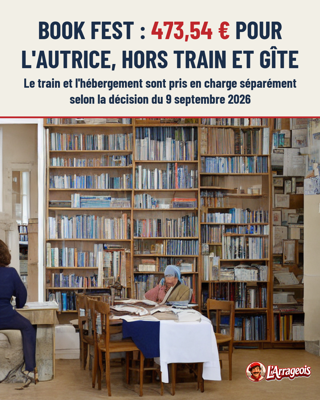 Une femme âgée portant un foulard bleu est assise à une table couverte de livres ouverts, dans une pièce aux murs entiers tapissés de bibliothèques.