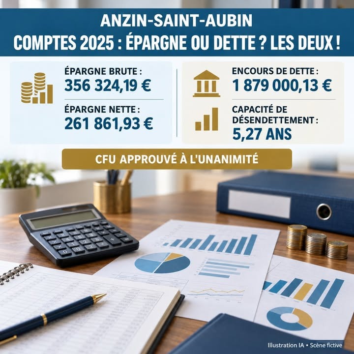 Bureau avec calculatrice, papiers de graphiques, piles de pièces et classeur, illustrant des données financières.