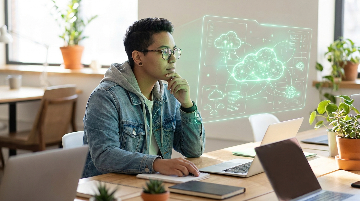 Person interacting with a holographic display of AI data, representing future possibilities with Meta Compute