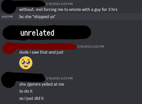 friend stating that mel aggressively forced them to emote with a complete stranger on a roblox game for many hours because she "shipped them" due to the fact that they were both in jester costumes, with the other person being a noli cosplayer