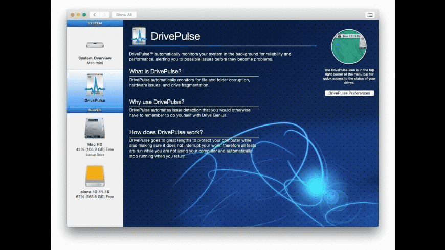 Drive Genius Mac — drive maintenance dashboard showing health, repair and performance tools