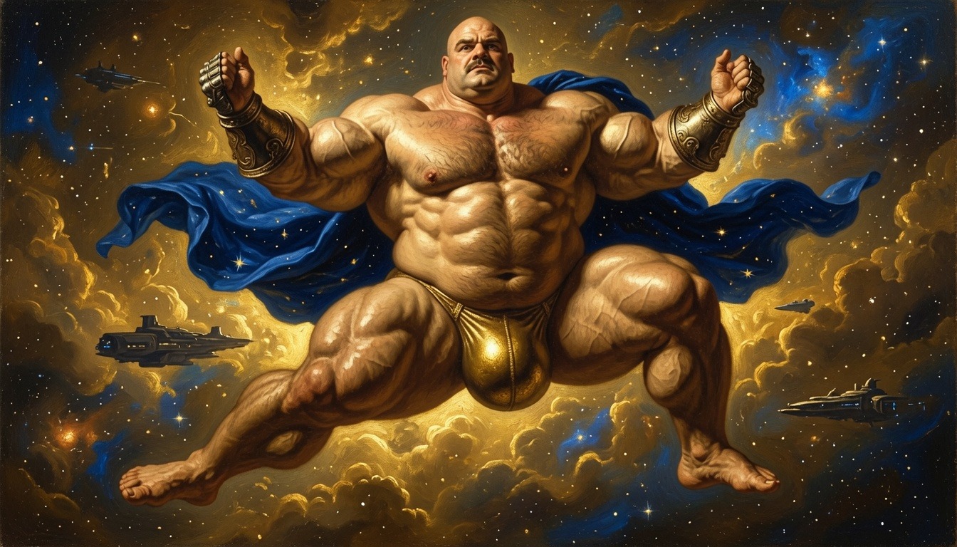 flying baroque / gold, blue cape, starships