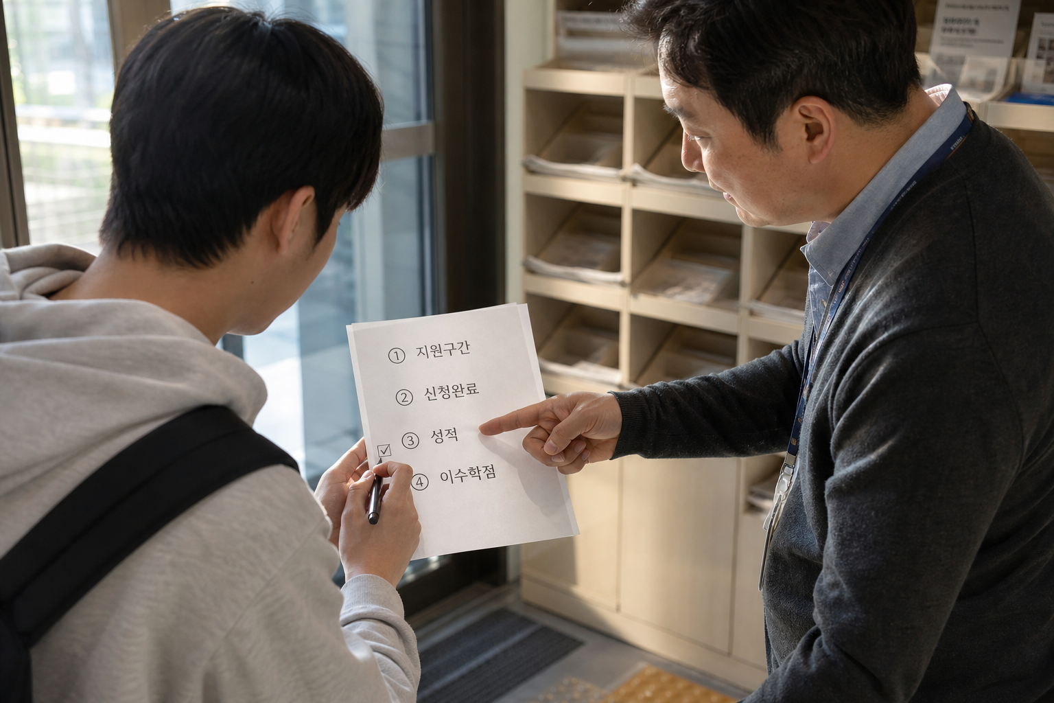 국가장학금 지원구간과 성적·이수학점 심사 순서를 설명받는 학생