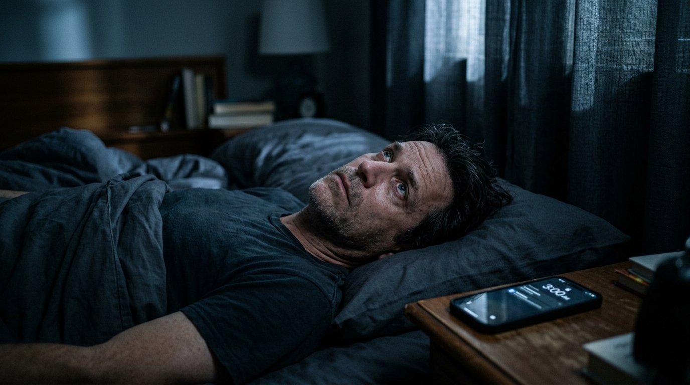 American man suffering from insomnia and brain fog caused by screen damage and blue light exposure at night