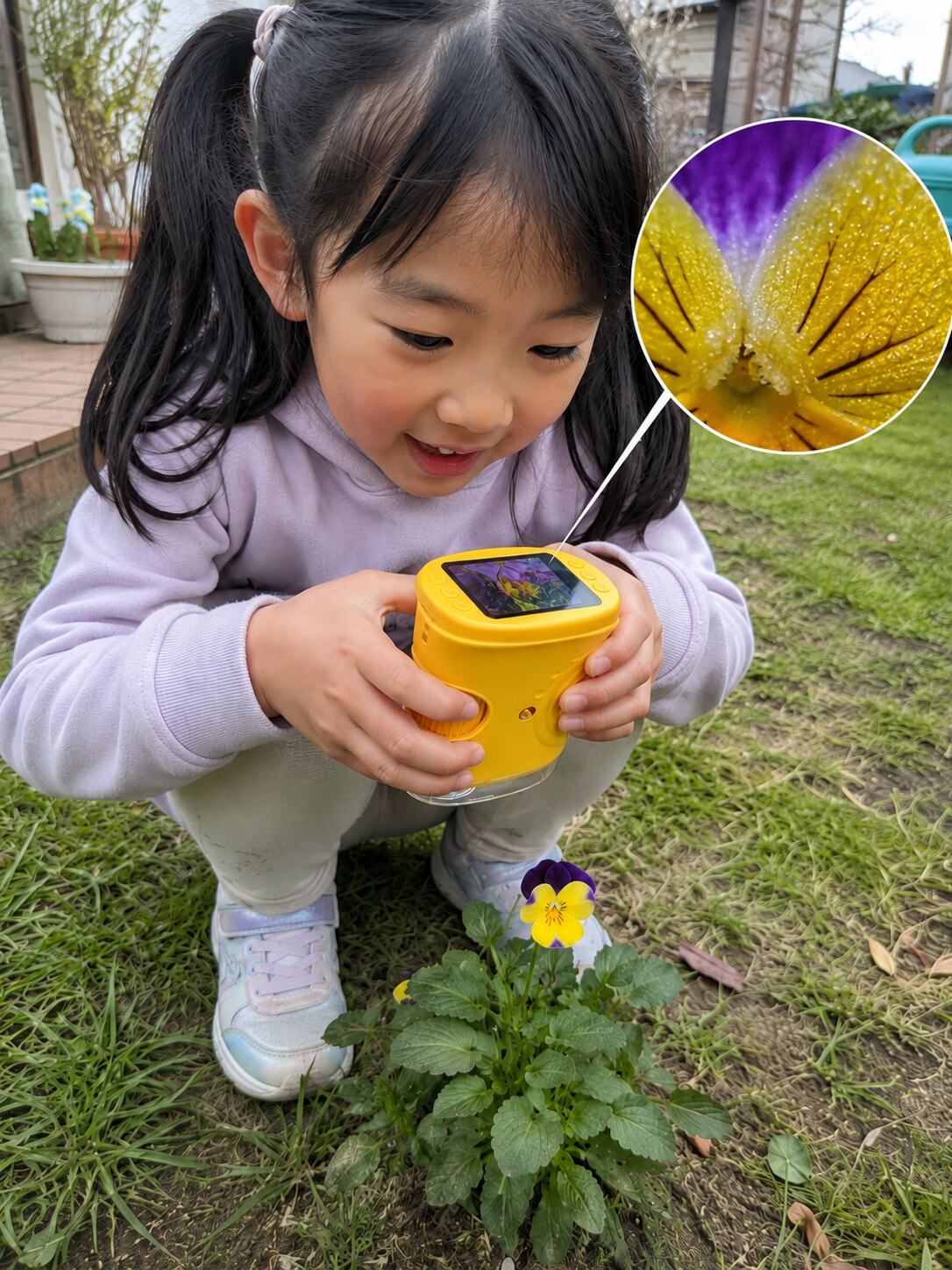 庭や公園で、夢中になって自然を観察する子ども。