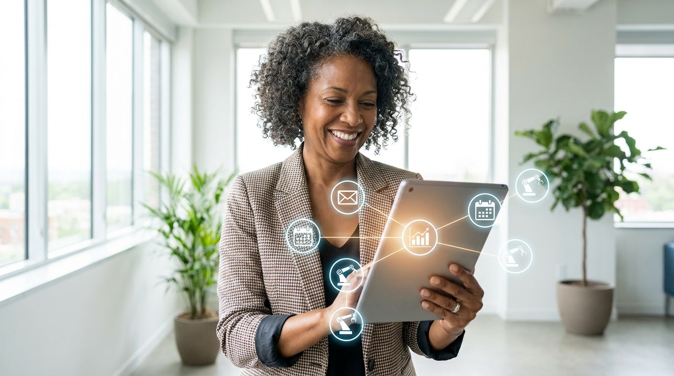 Small business owner confidently viewing Agentic AI automation on a tablet.