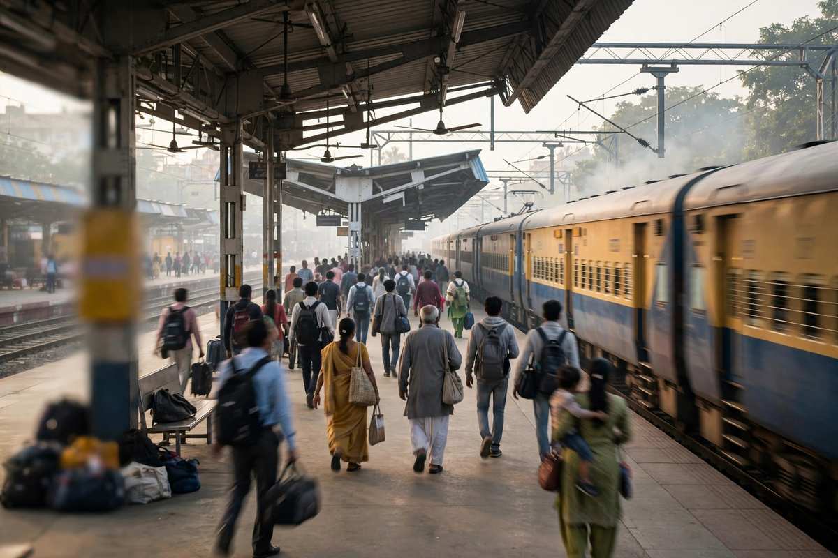 भारतीय रेलवे के प्लेटफॉर्म पर आती यात्री ट्रेन — RRB NTPC अंडरग्रेजुएट भर्ती 2026