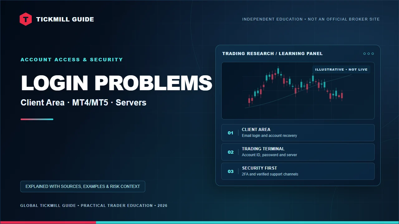 Tickmill Login Problems: Client Area, MT4/MT5 Servers and Password Fixes infographic: Client Area · MT4/MT5 · Servers