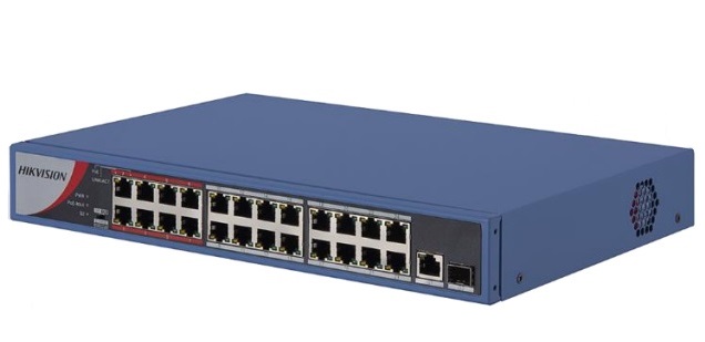 Switch mạng 24 cổng PoE 100M, 1 cổng uplink 1000M, 1 cổng SFP độc lập 10/100/1000M , Layer 2 Hikvision DS-3E0326P-E/M(B)