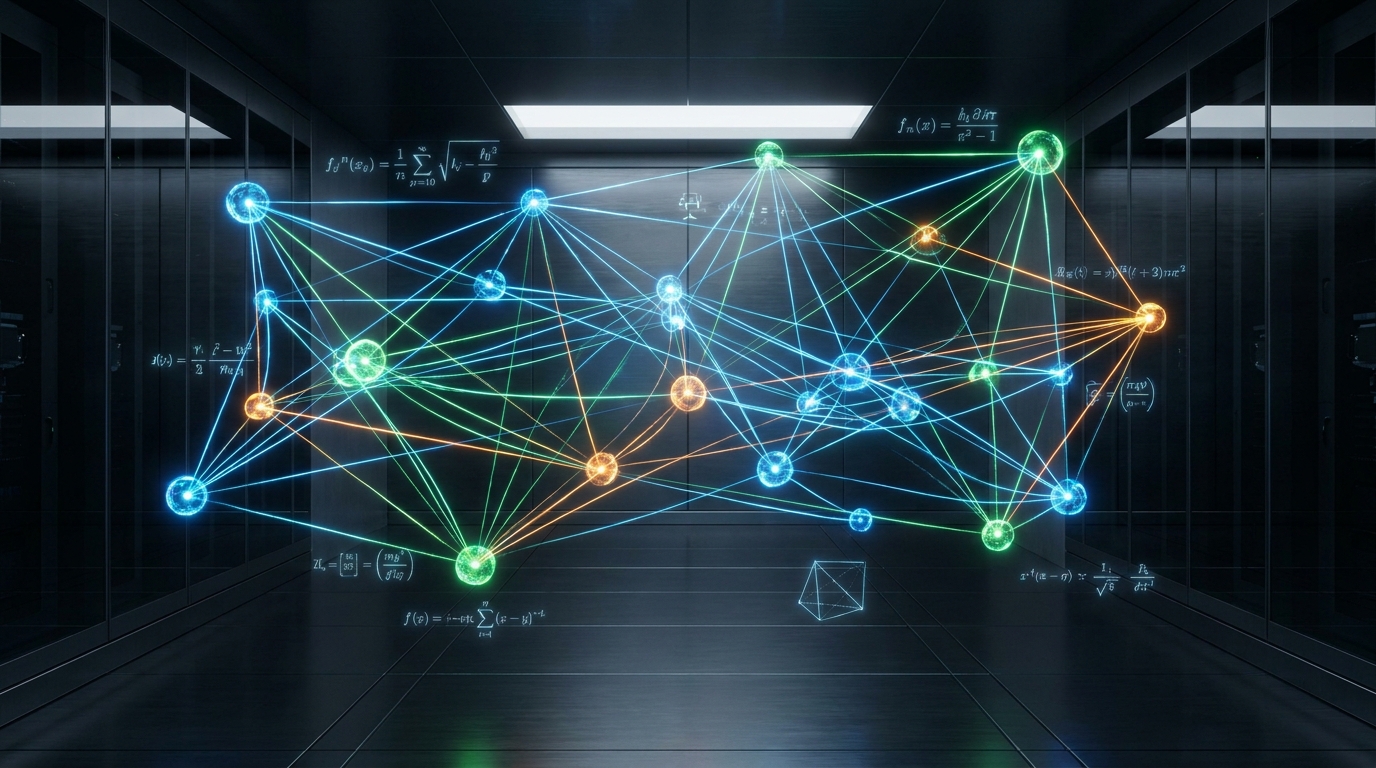 A network of AI agents collaborating on mathematical proofs, illustrating the 'unsorry' project's autonomous formalization efforts.