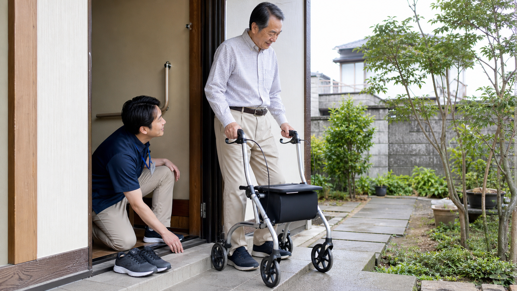 パーキンソン病の外出環境と歩行補助具を確認する場面