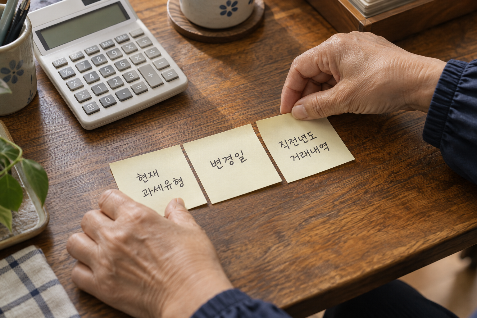 AI 설명용 장면: 담당기관에 확인하기 전에 현재 과세유형·변경일·직전년도 거래내역을 준비한다.