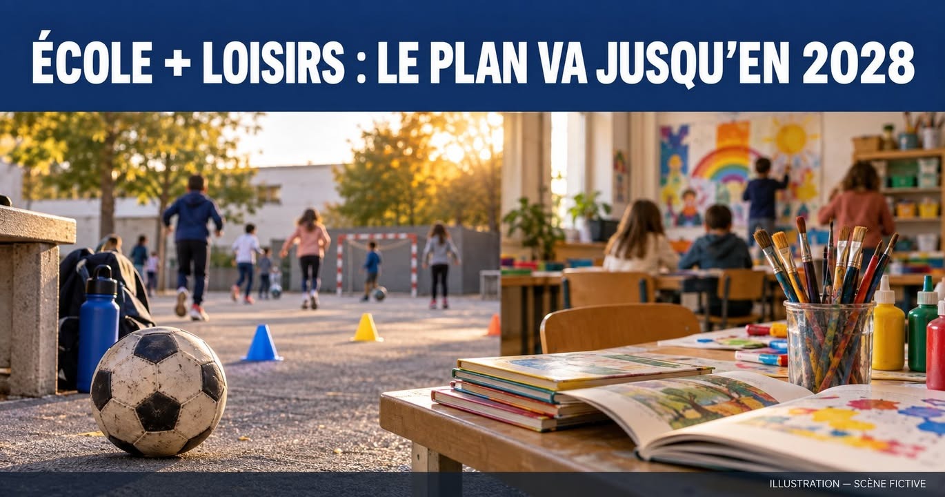 Un ballon de football au premier plan, des enfants jouant dehors et des élèves peignant à l'intérieur d'une classe.
