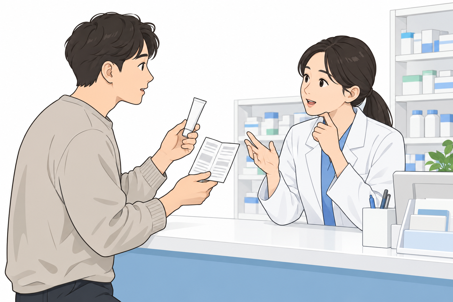 제품과 설명서를 보여 주고 반복 발생 부위의 도포 경계를 질문하는 약국 상담 장면