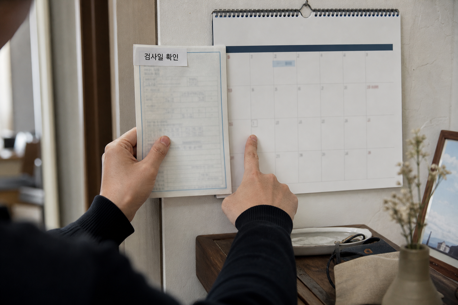 대체공휴일 날짜와 자동차검사 기간을 서로 나누어 확인하는 장면