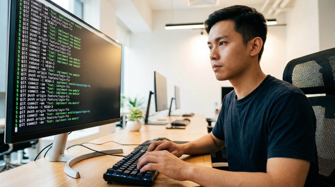 Developer using Git 2.56 CLI with new commands for faster version control.