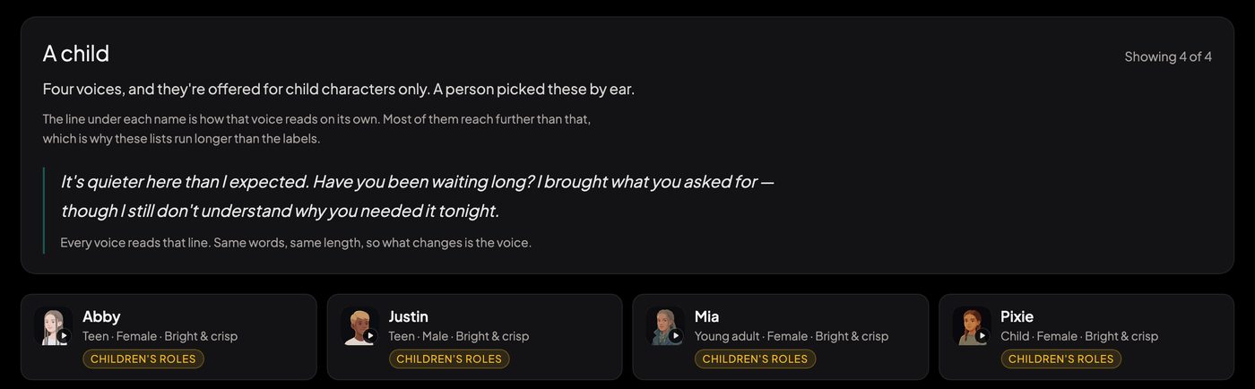 Child characters get their own four-voice pool: Abby, Justin, Mia and Pixie.