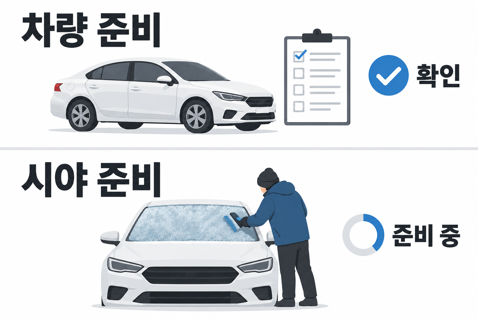 차량 상태 확인과 앞유리 시야 준비를 별도로 표시한 비교 도식