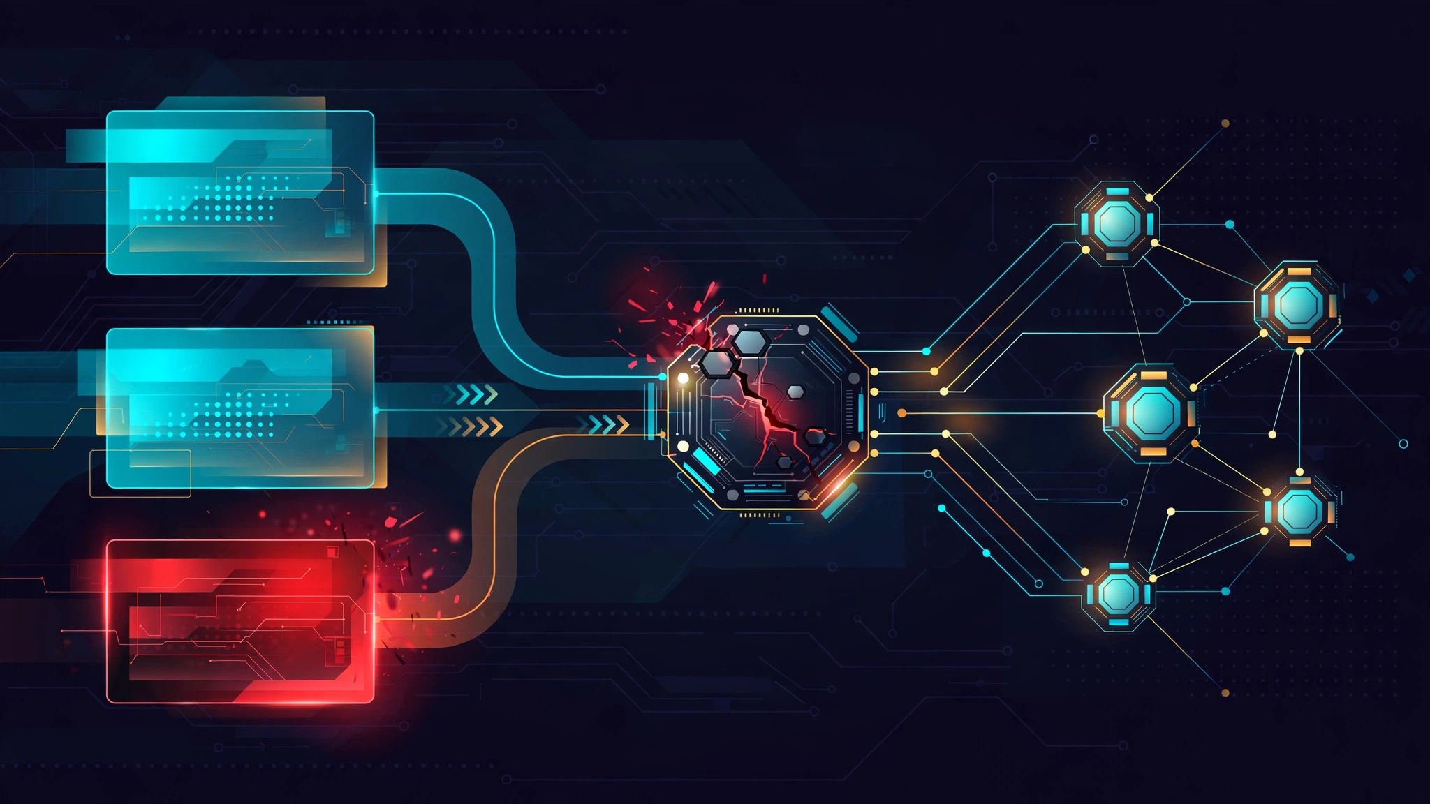 Minh họa: pipeline xử lý dataset, với một dataset độc hại dẫn tới worker bị nứt và lan ngang sang cluster
