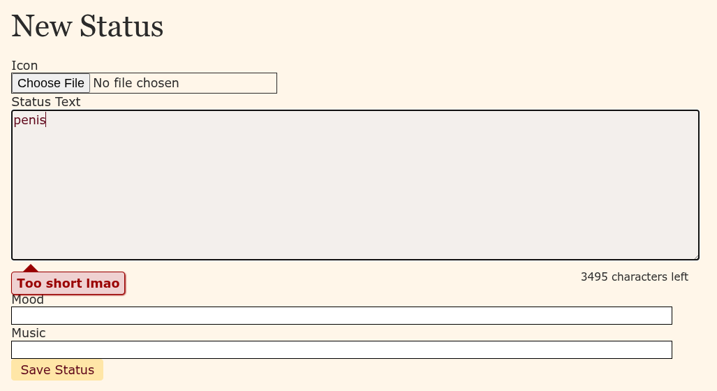 The New Status page on Sunset Archive. The word "penis" is typed in the text box, and there is a red popup below saying "Too short lmao"