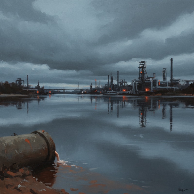 Industrial river outflow at dusk