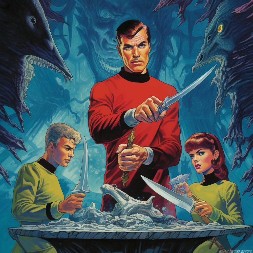 people in almost star trek uniforms sitting around a table holding knives, they are surrounded by frightening faces