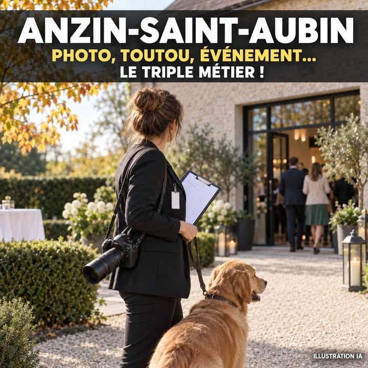 Une femme en tenue noire tient un carnet et un appareil photo, accompagnée d'un golden retriever, devant une entrée d'établissement.