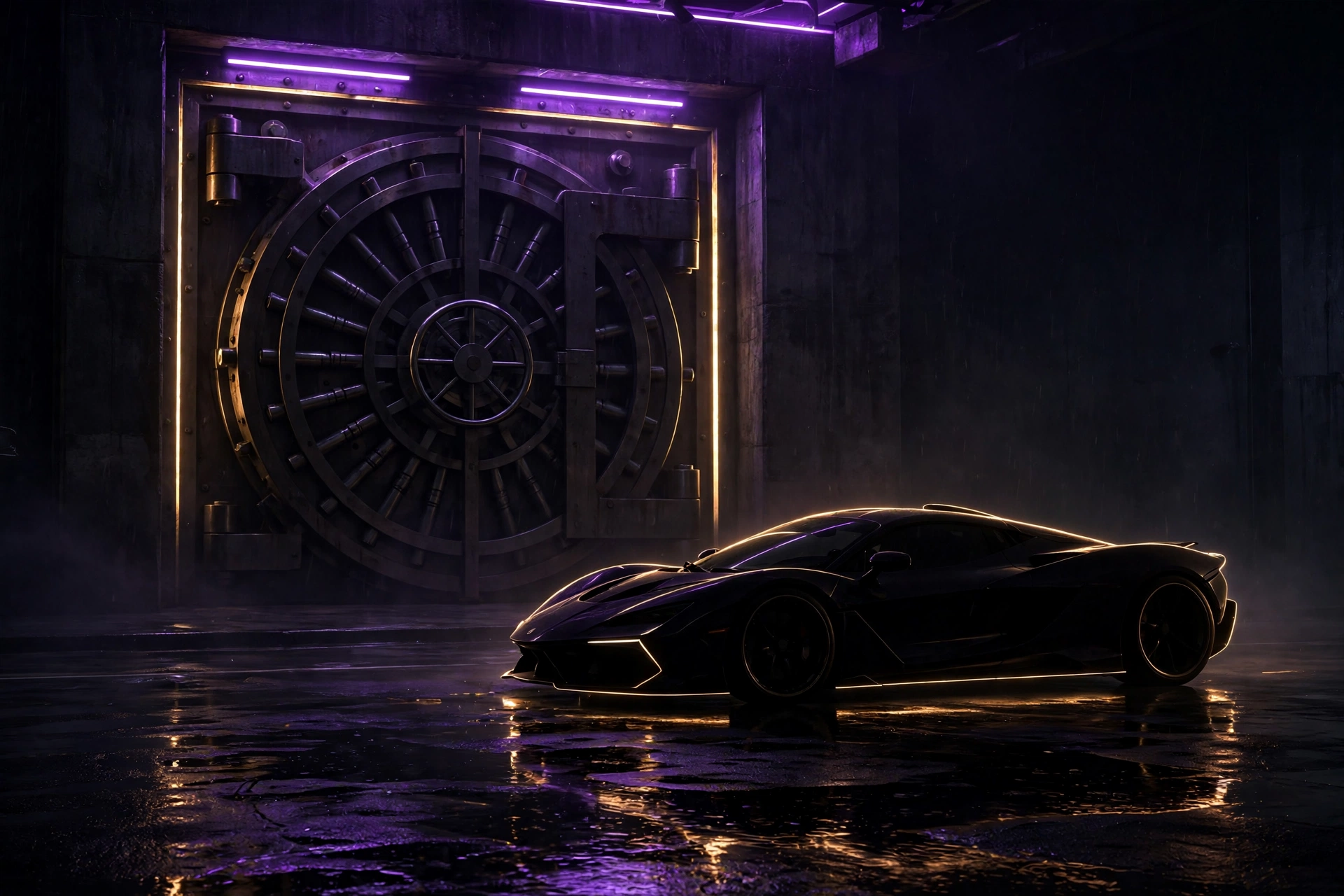 Purple supercar outside the vault at night