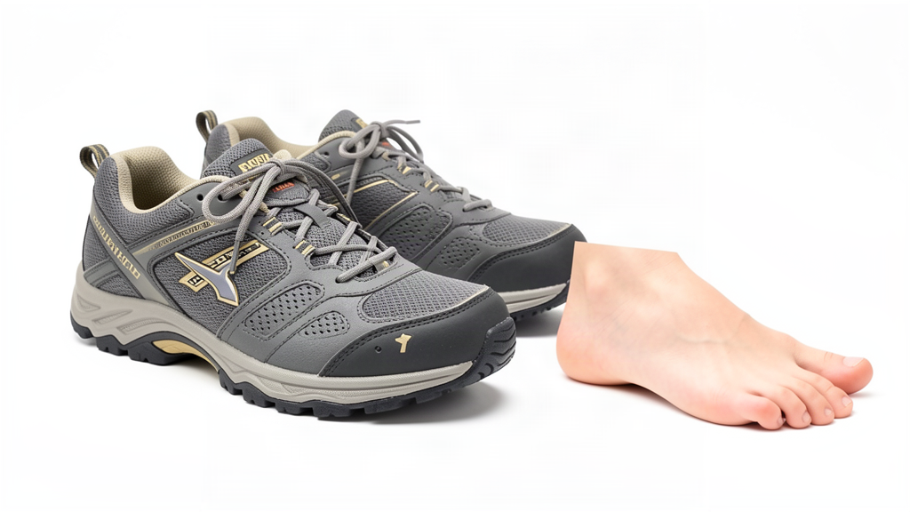 supportive walking shoes with arch-support insoles and bare flat foot beside them