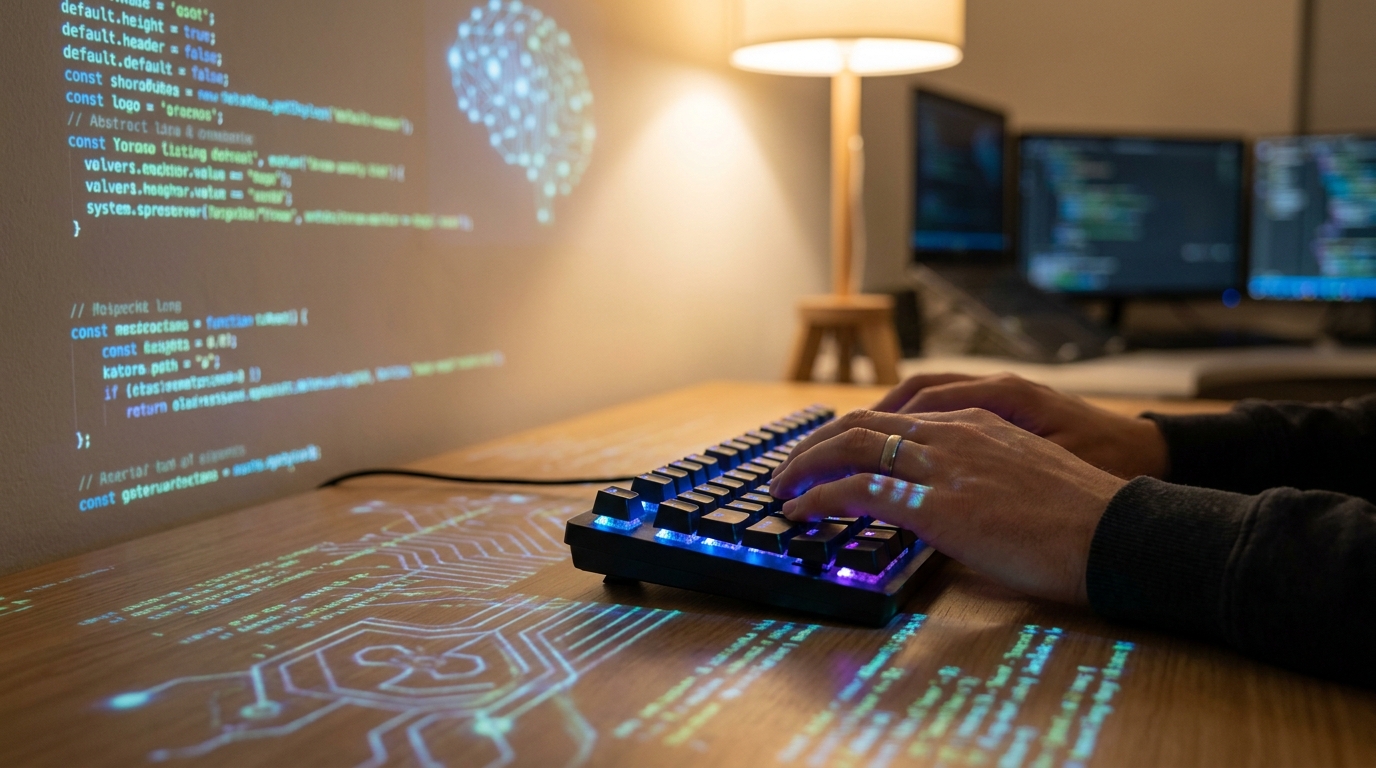 A developer's hands typing on a keyboard, surrounded by glowing code and AI graphics, symbolizing the use of Gemini 3.6 Flash for development.