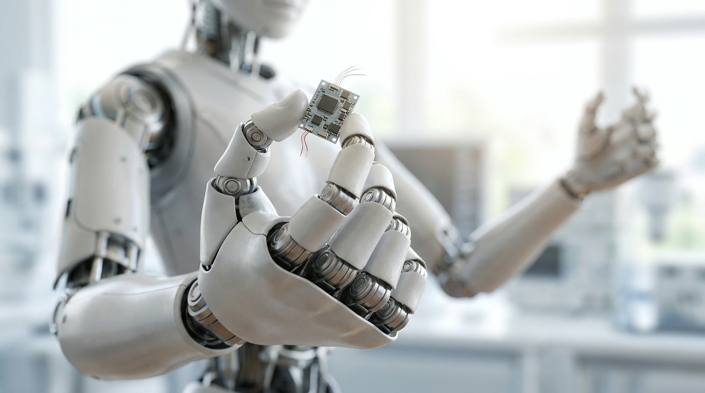 Humanoid robot hand demonstrating advanced dexterity by delicately holding an electronic component, powered by Gemini Robotics 2.