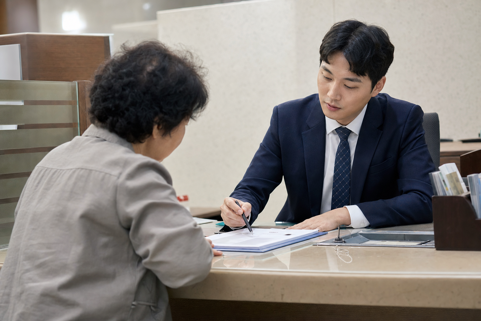 은행 창구에서 대출 약정서의 기준금리 항목을 확인하는 차주