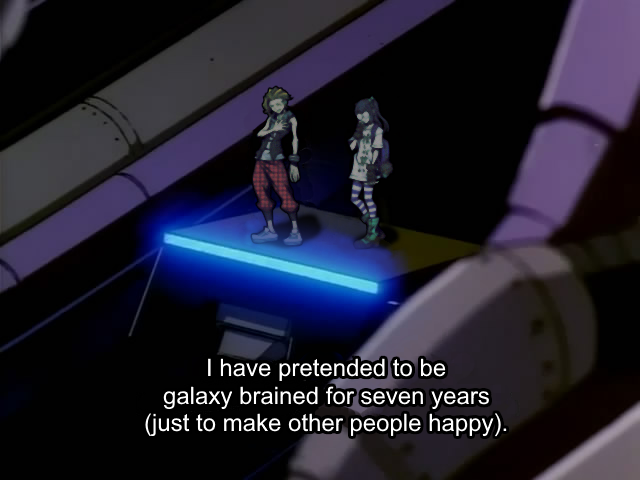 An edit of a screenshot from Orguss 02, with Furesawa and Usui standing together on an elevator, Usui with a concerned expression, Furesawa with a pained exprsession, the captioned dialogue from Furesawa saying: I have pretended to be galaxy brained for seven years (just to make other people happy).