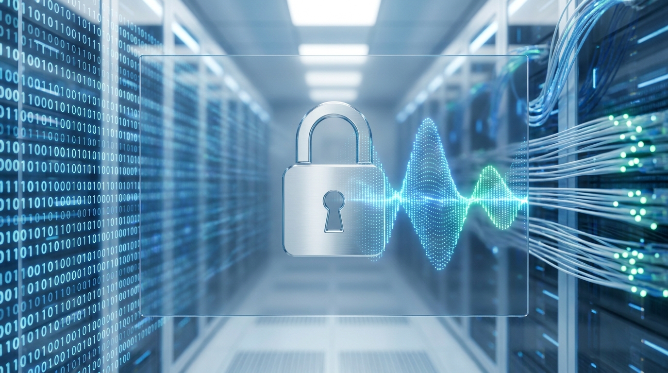 Secure data retention for voice AI, lock icon with sound wave.