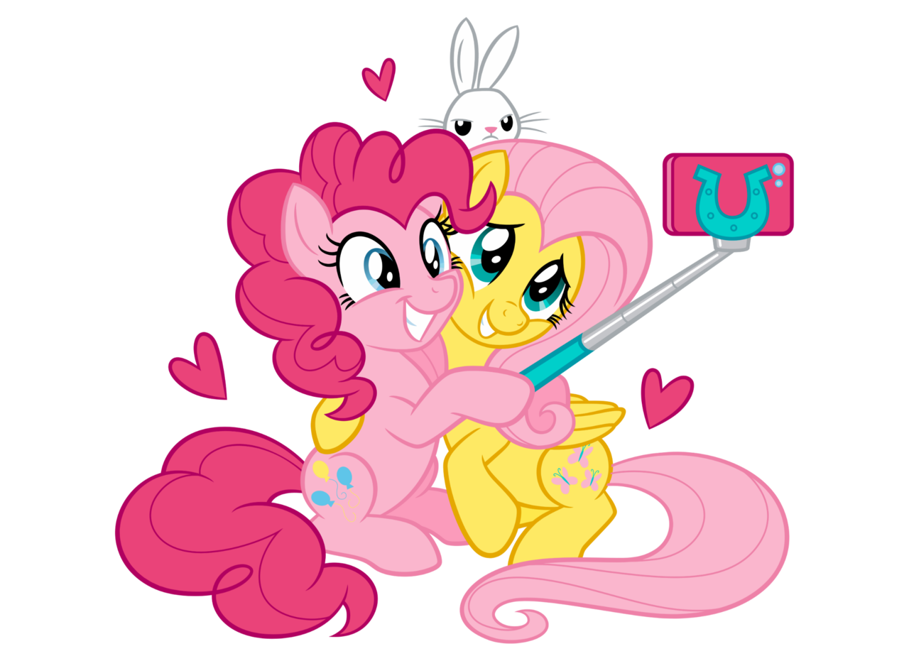 An official art of Pinkie Pie, Fluttershy, and Angel taking a selfie together.