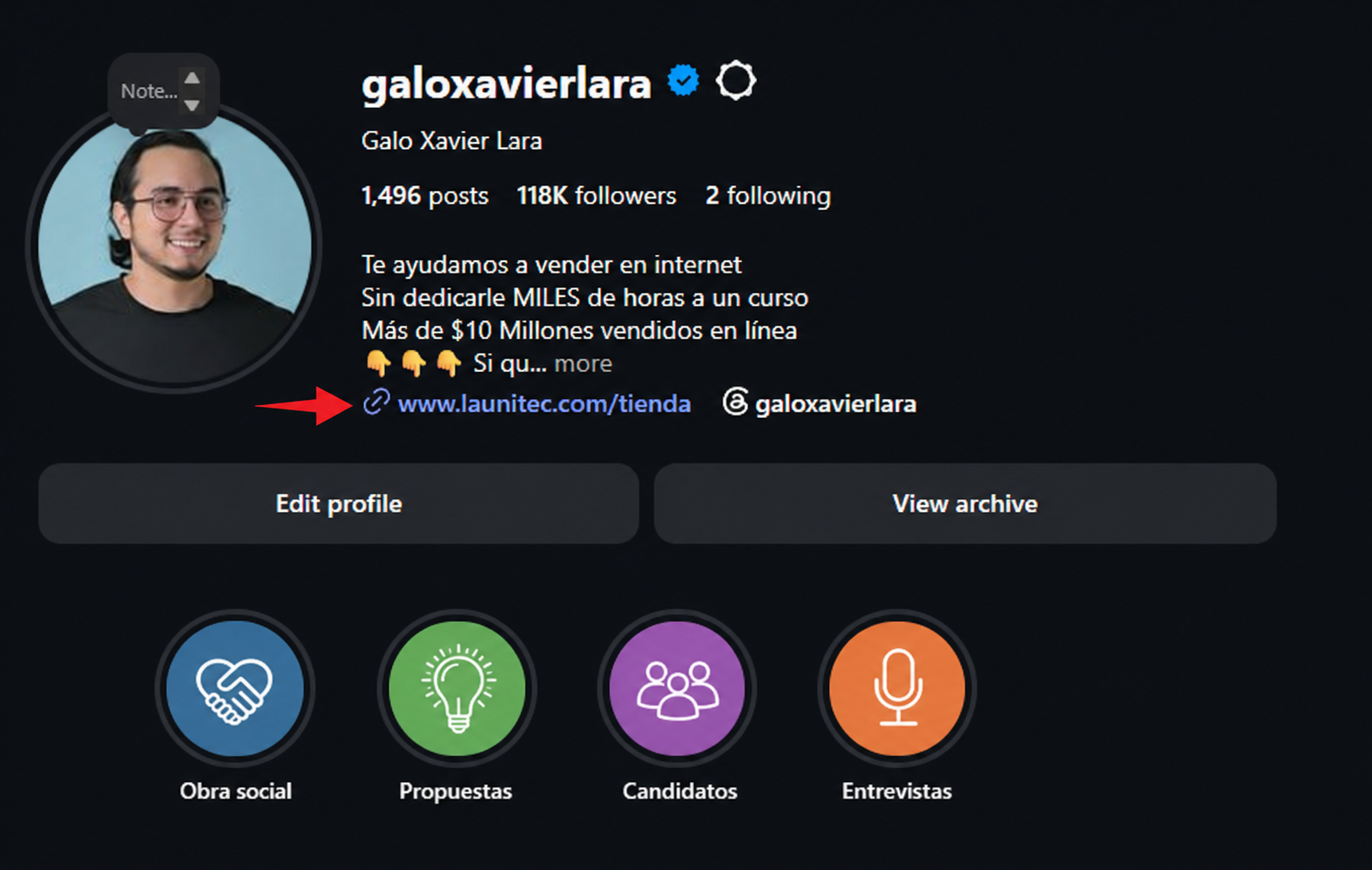 Perfil de Instagram con el link de la página modelo en la bio
