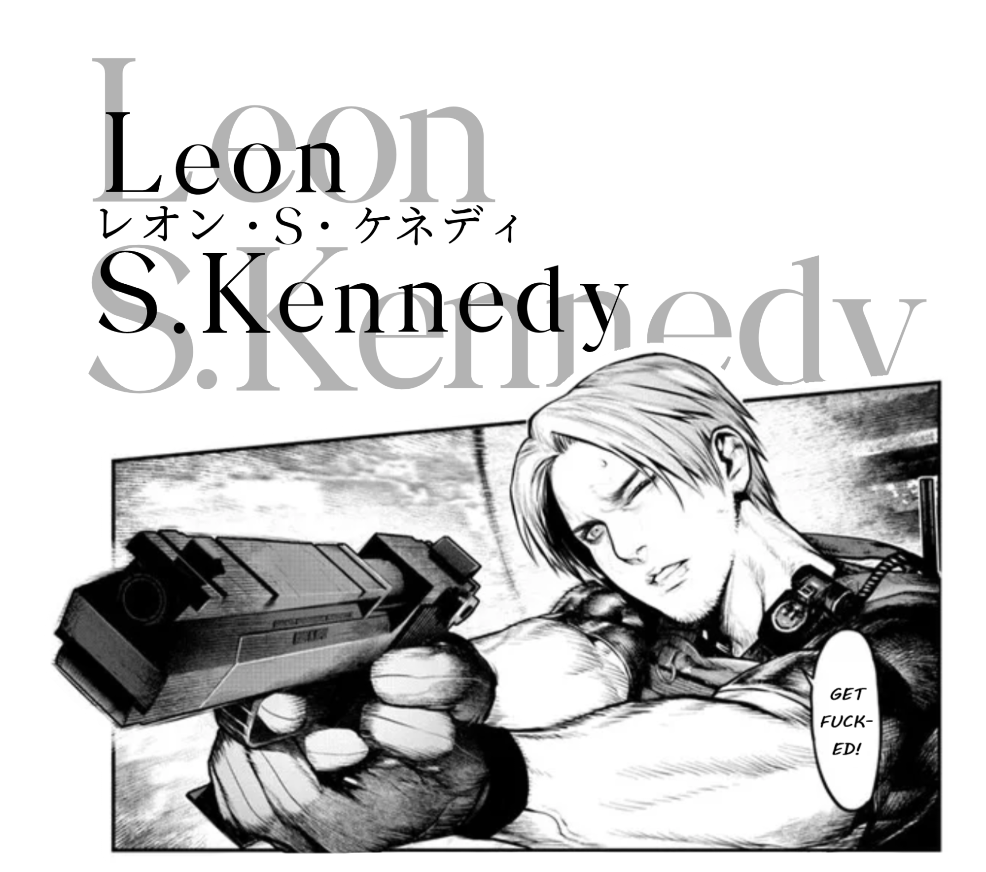 leon s. kennedy in big letters nd in japanese nd leon kennedy in manga panel
