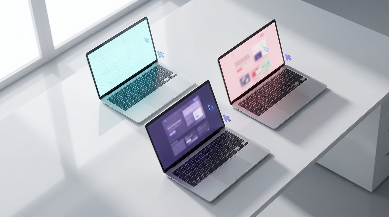 Three laptops showing Figma collaborative canvas with different stages of design — wireframe, mockup, polished UI