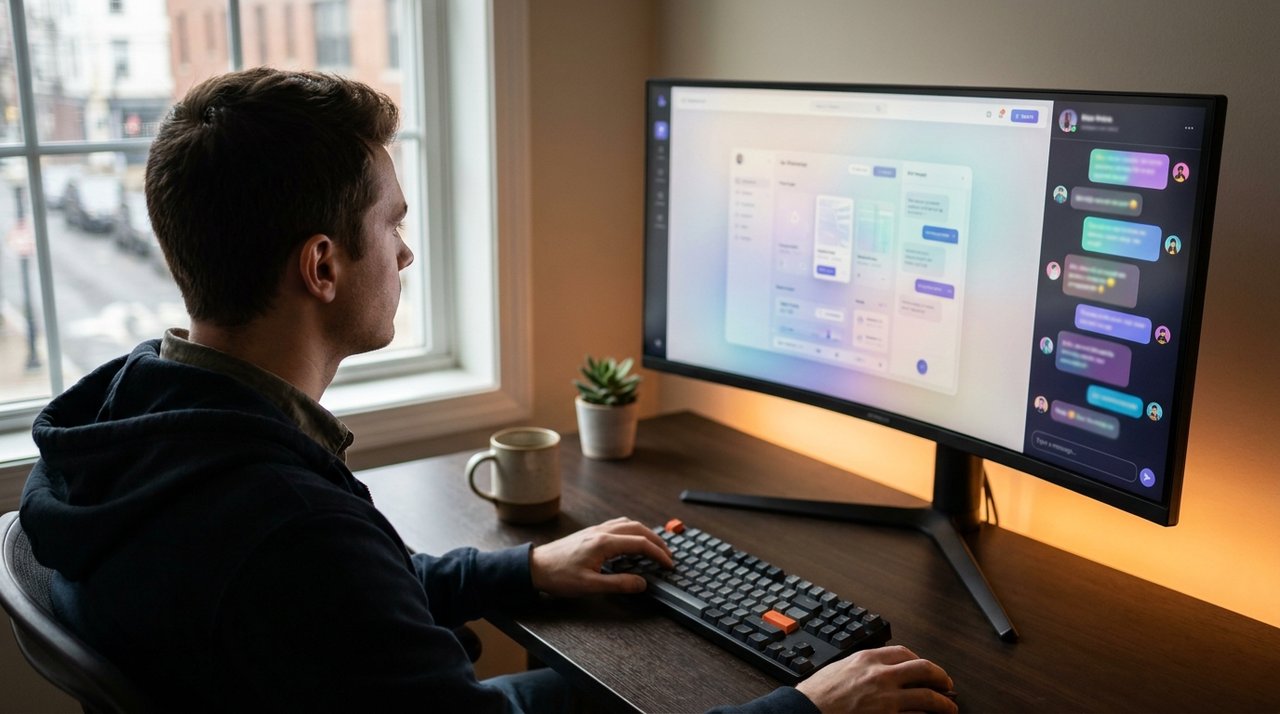 Designer working at monitor with AI chat sidebar showing design system components